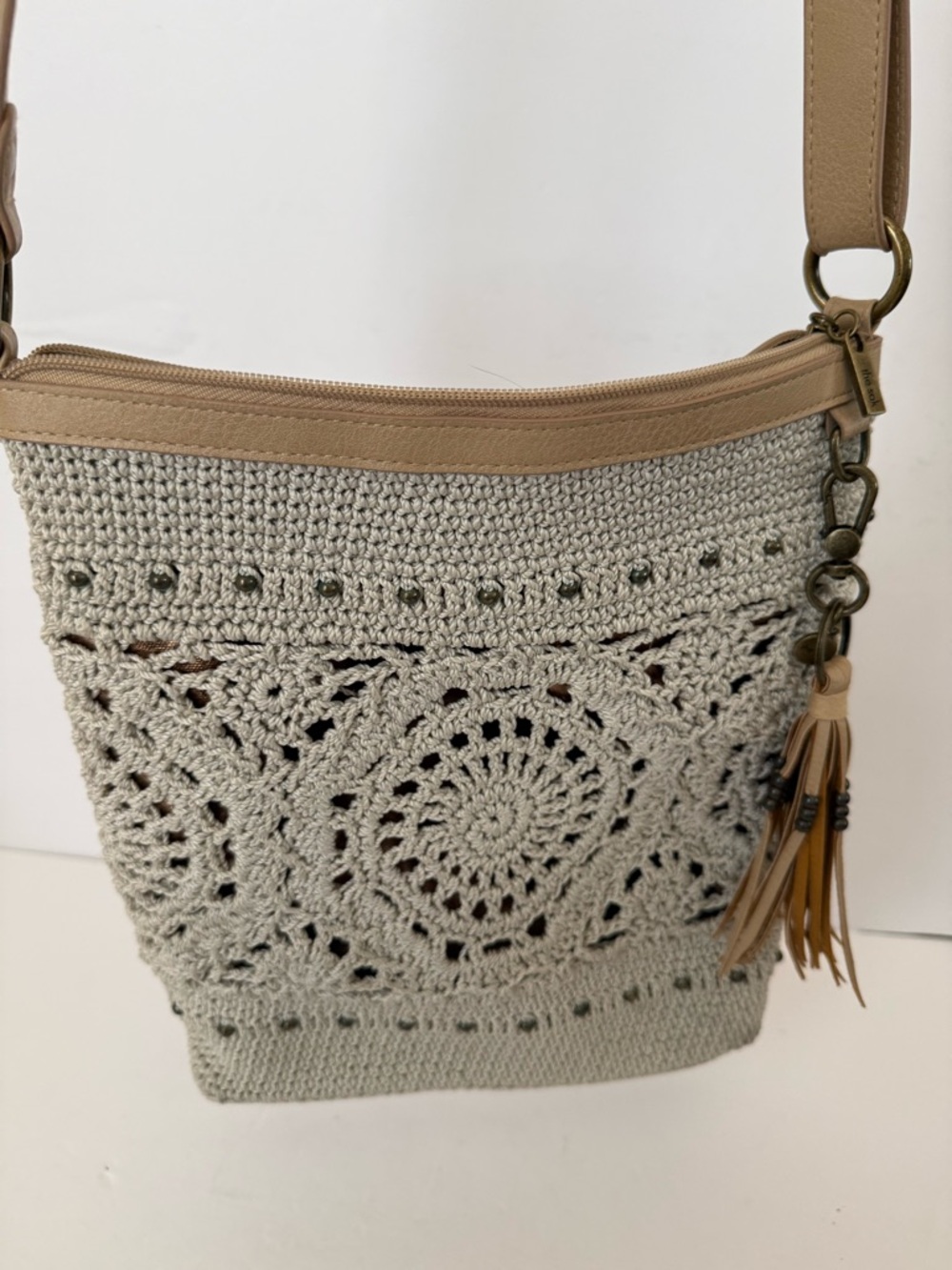 The Sak Hand-Crocheted Light Gray Crossbody Bag with Stud Accents - Picture 3 of 15